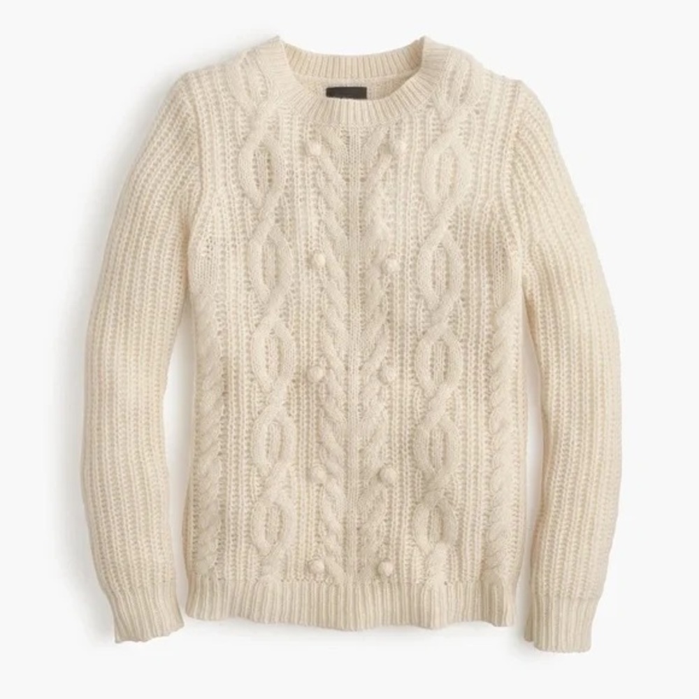J. Crew Collection Cream Cashmere Blend Cable Knit Pom Pom Sweater (Size S)